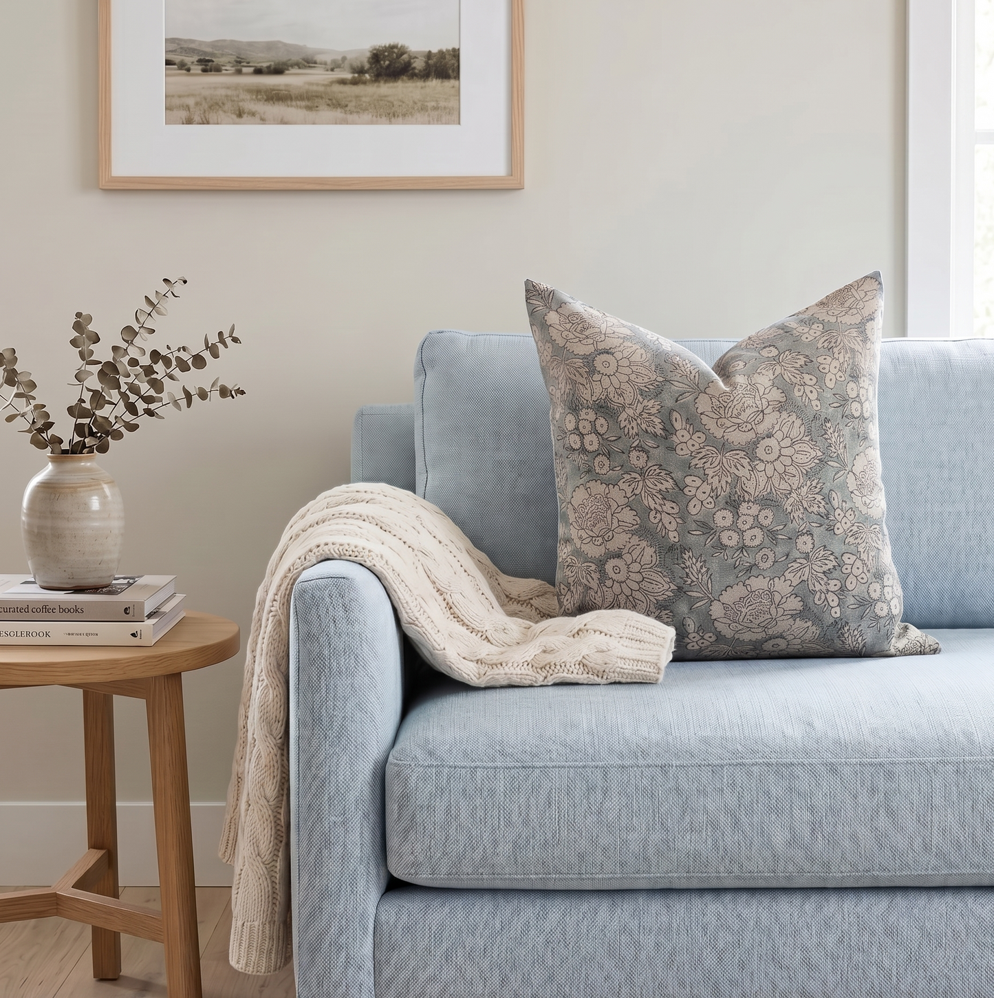 Hand block floral pillow cover - gray (Ethan)