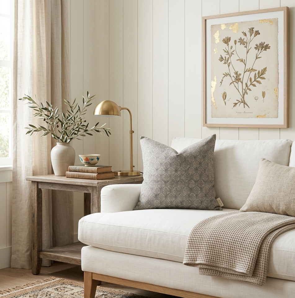 Block print floral pillow cover - gray (Margot)