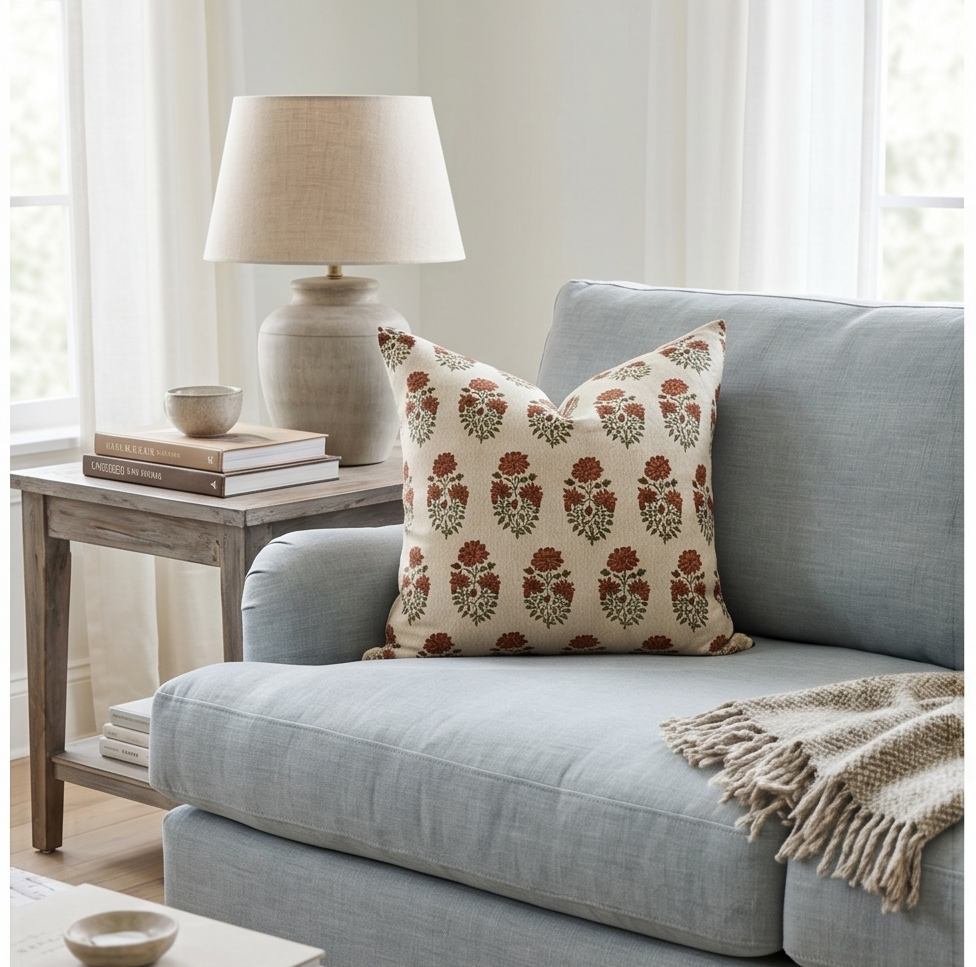 Block print floral pillow cover - brown and beige (Adele)