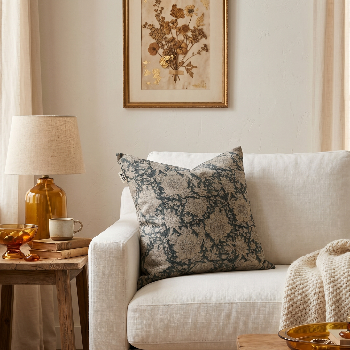 Block print floral pillow cover - blue (Adeline)