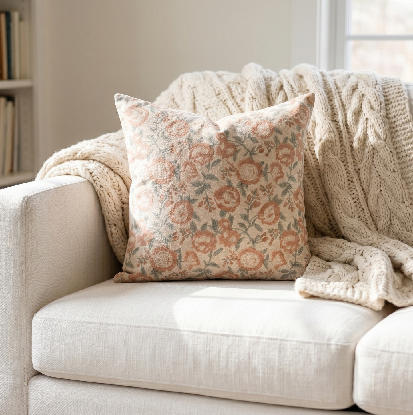 Block printed linen pillow cover - blush pink and light blue (Blush)