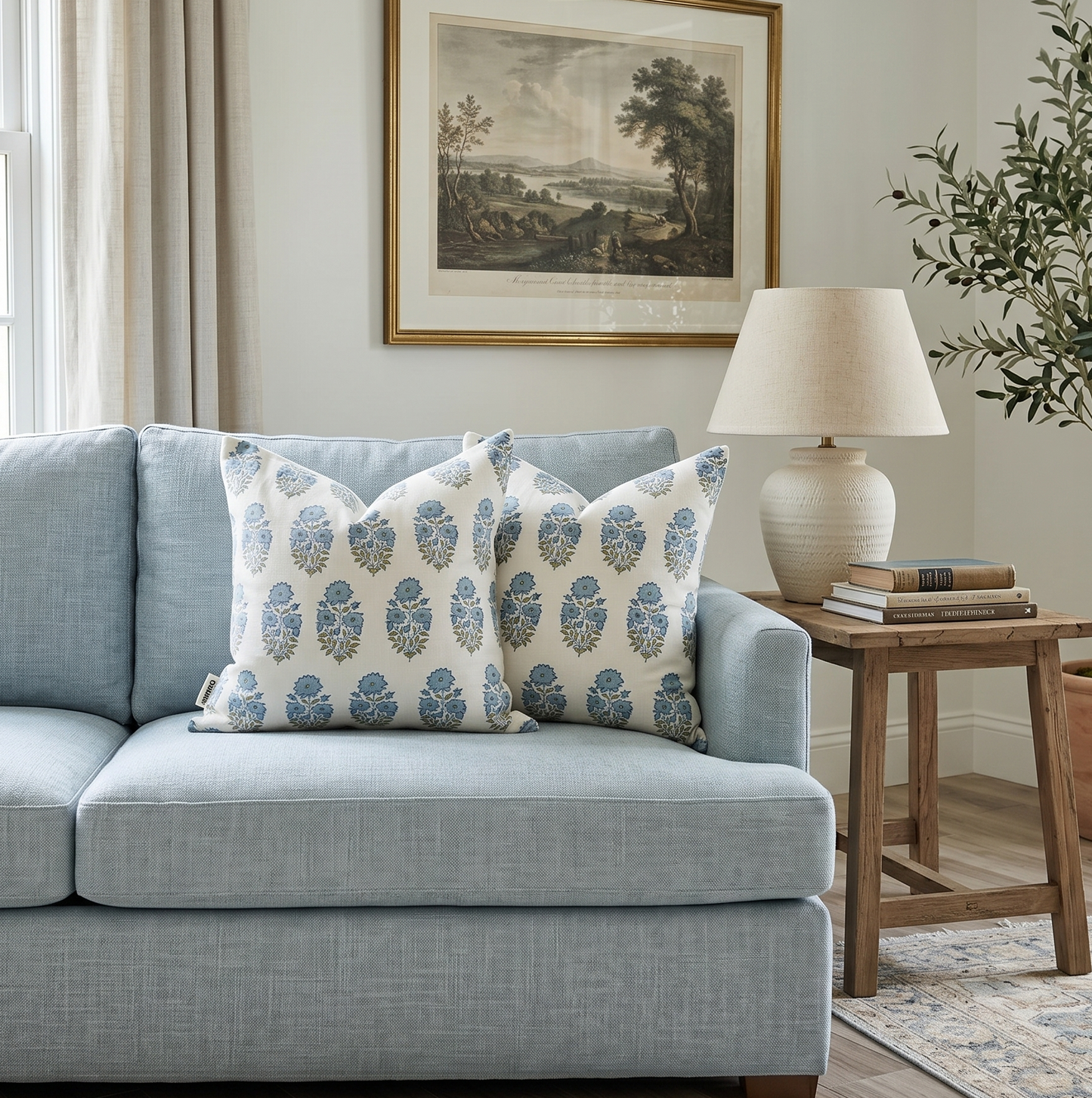 Hand block floral pillow cover - light blue (Addison)