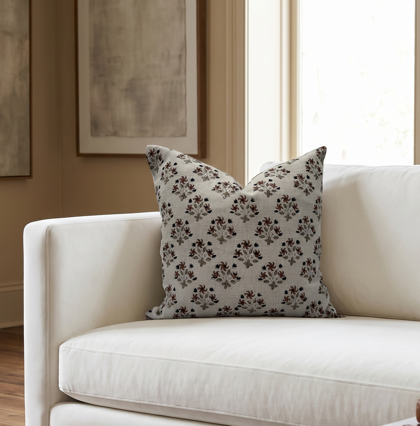 Block printed linen pillow cover - brown beige and black (Chenoa)