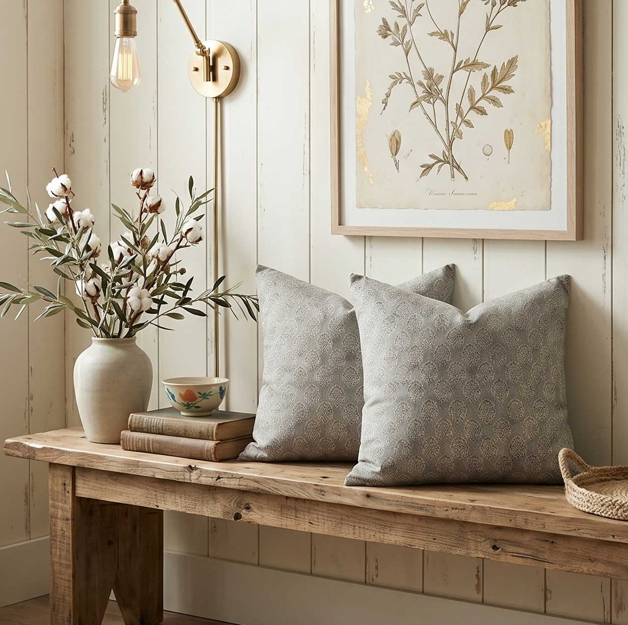 Block print floral pillow cover - gray (Margot)