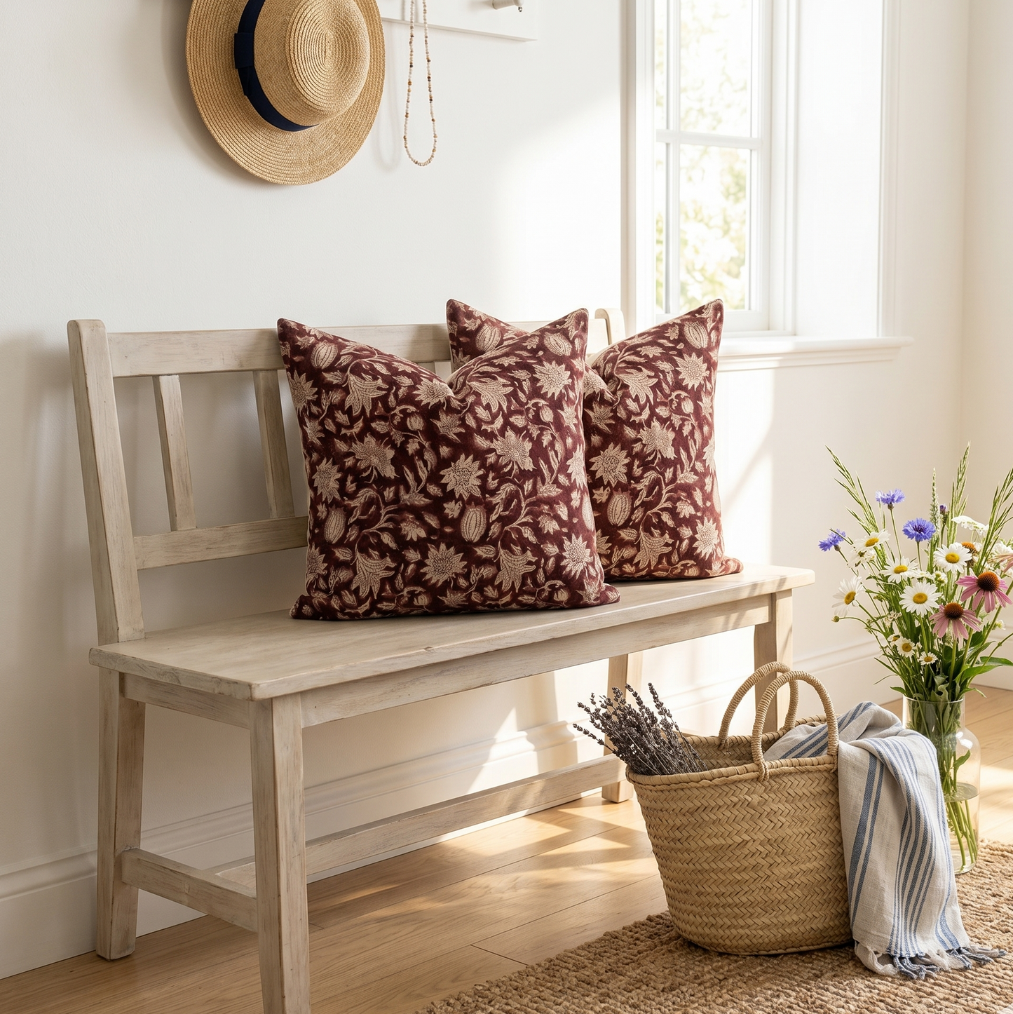 Block printed linen pillow cover - Xmas red (Cranberry)