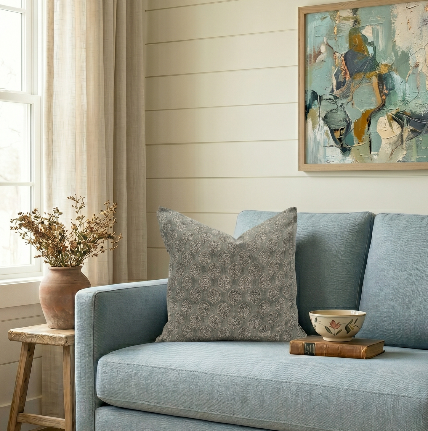 Block print floral pillow cover - gray (Margot)