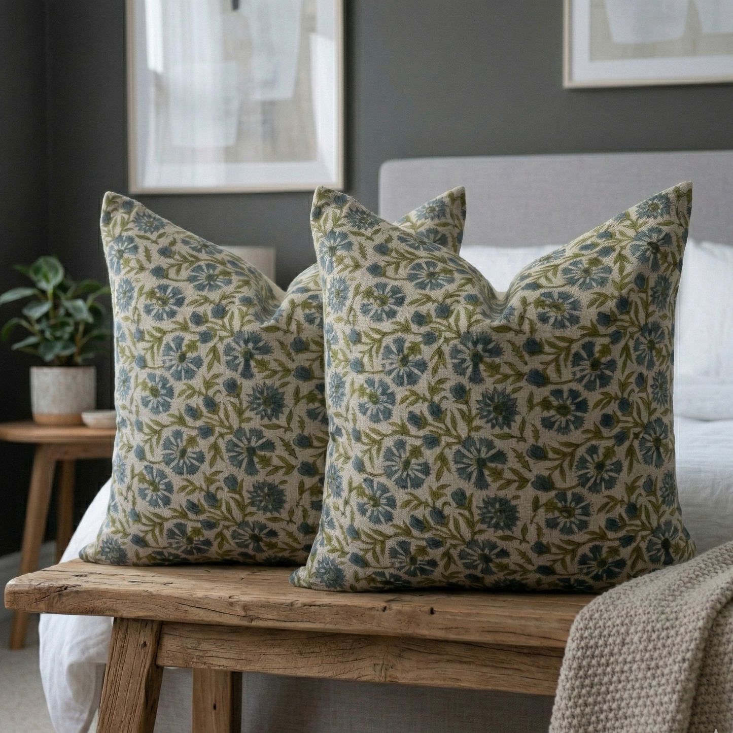 Hand block printed pillow cover - green and blue (Kaya)
