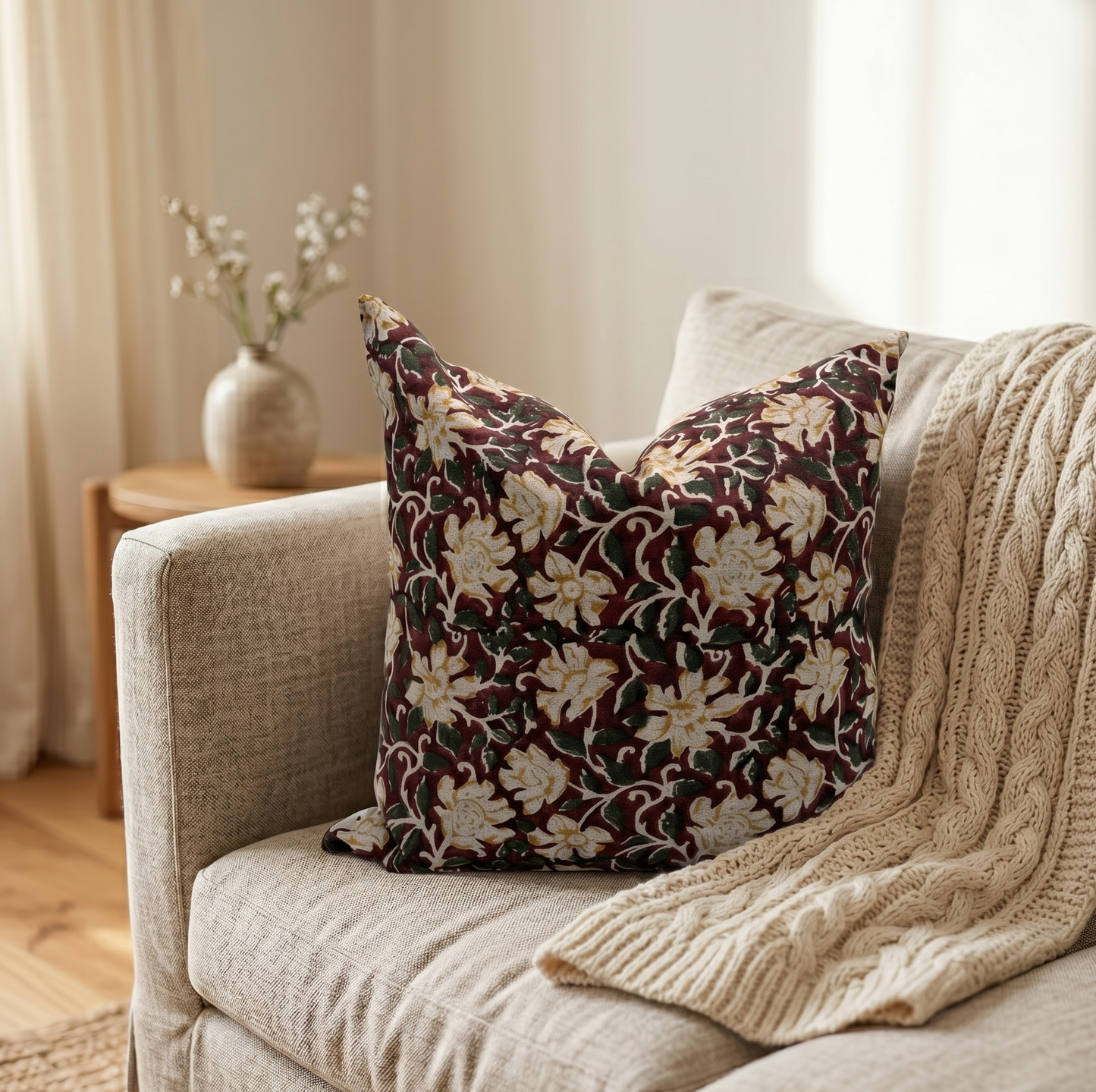 Floral linen pillow cover - Xmas red and yellow (Flora)