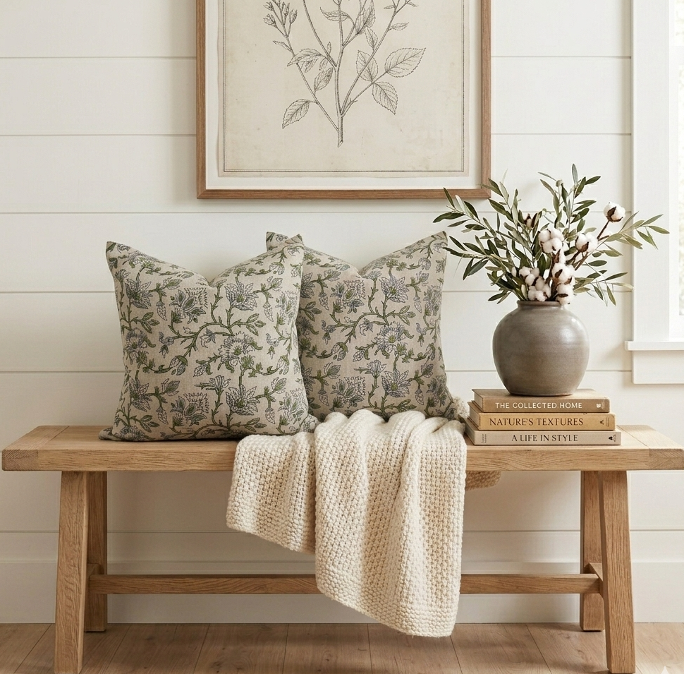 Block print pillow cover - green and blue (Claire)