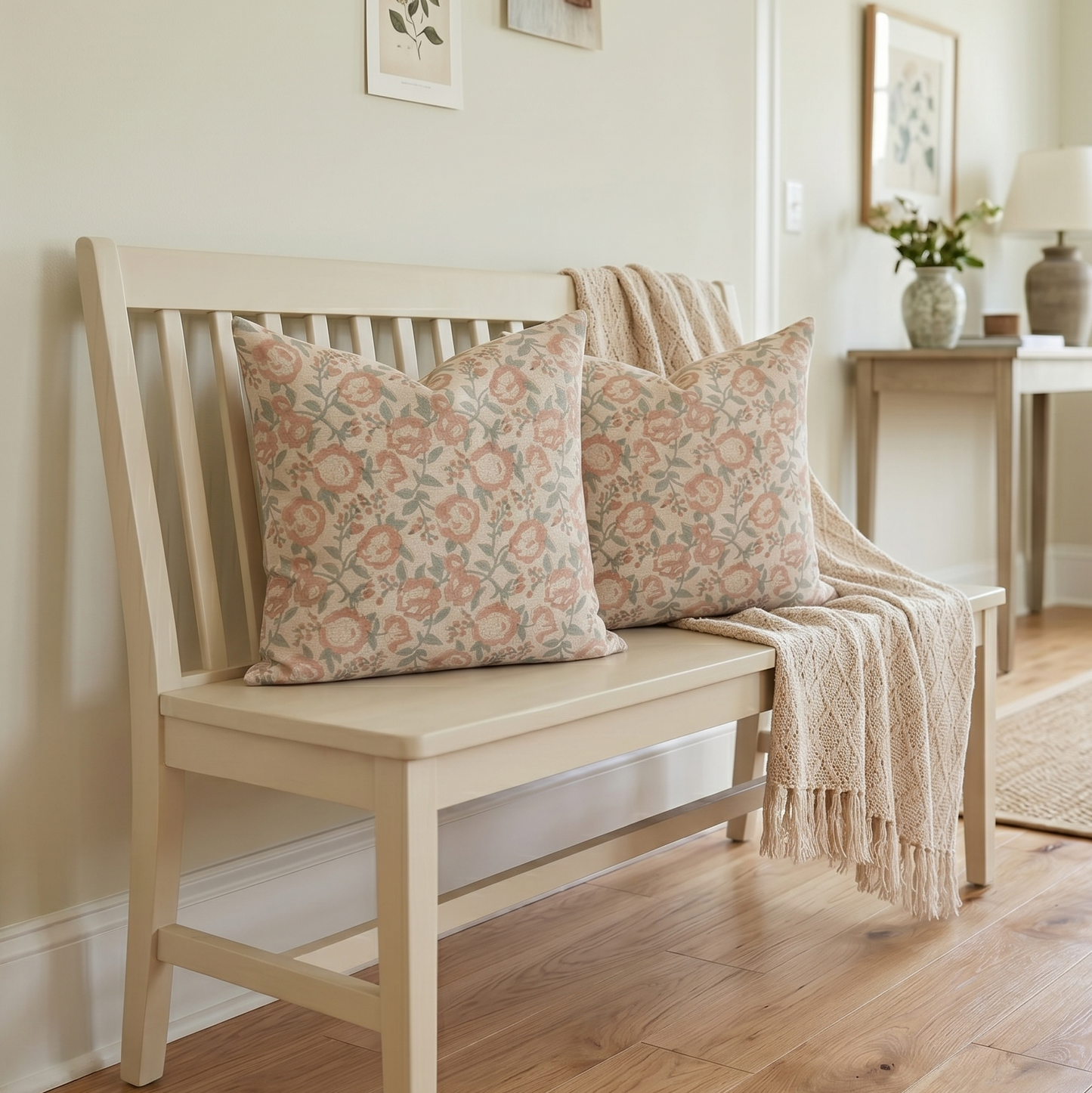 Block printed linen pillow cover - blush pink and light blue (Blush)