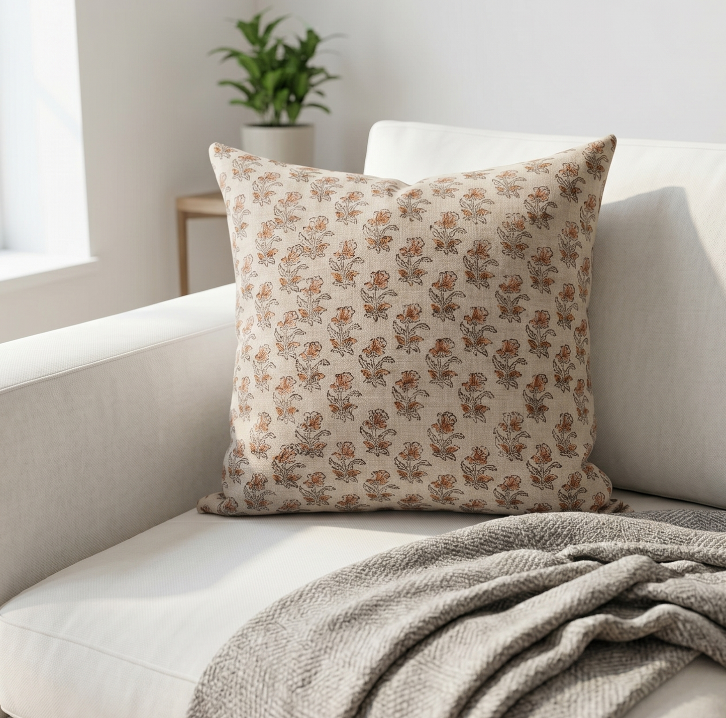 Block printed Floral pillow cover - beige, rust and pink (Opa)