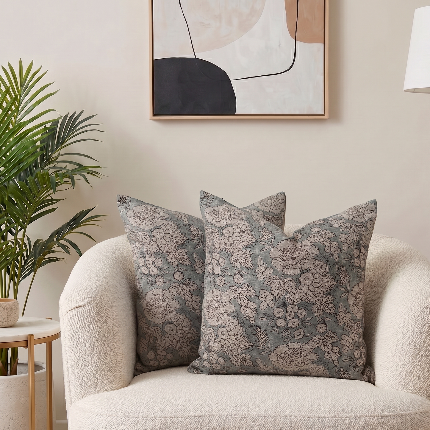 Hand block floral pillow cover - gray (Ethan)