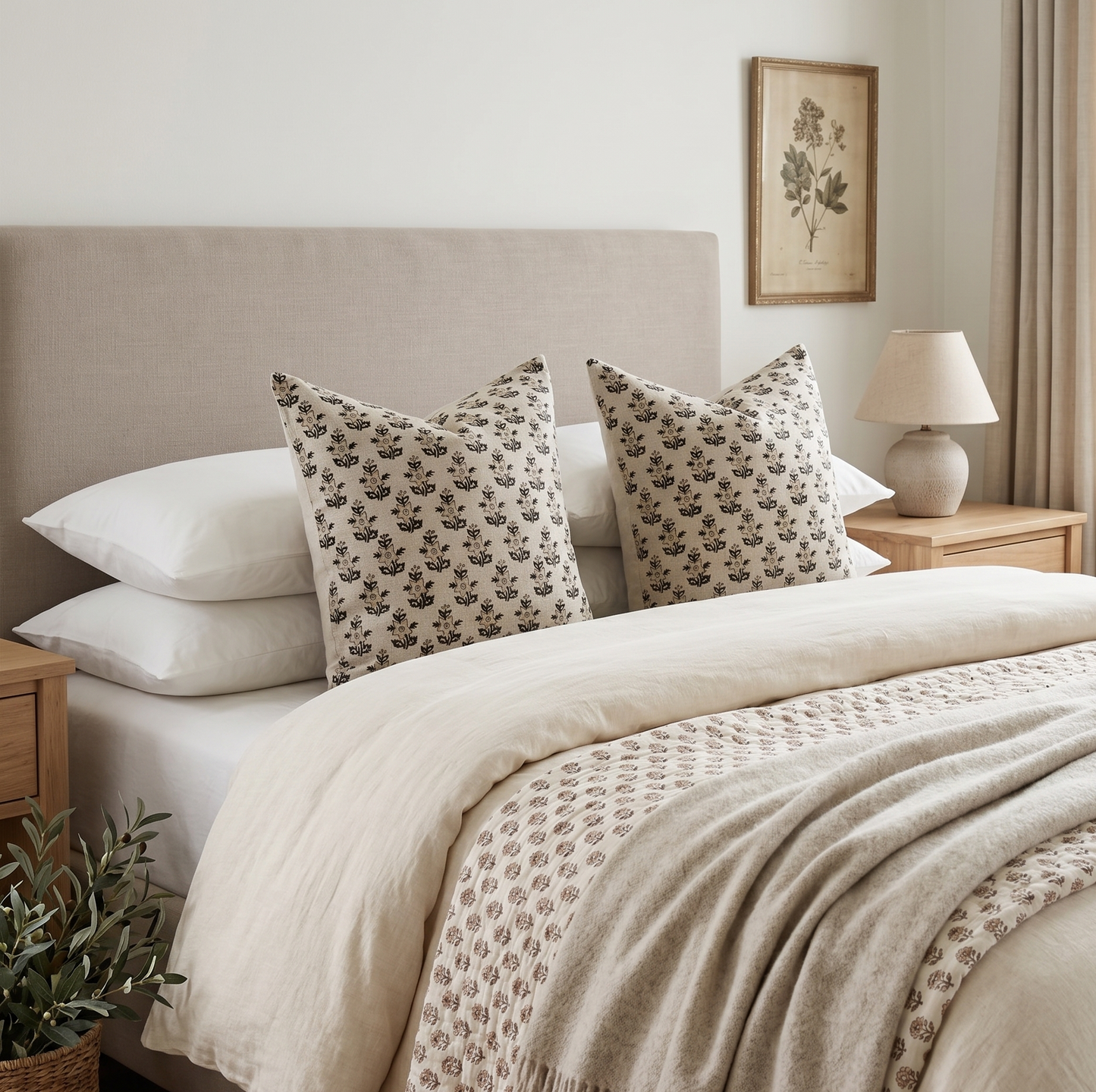Floral pillow cover - beige and green (Magnolia)