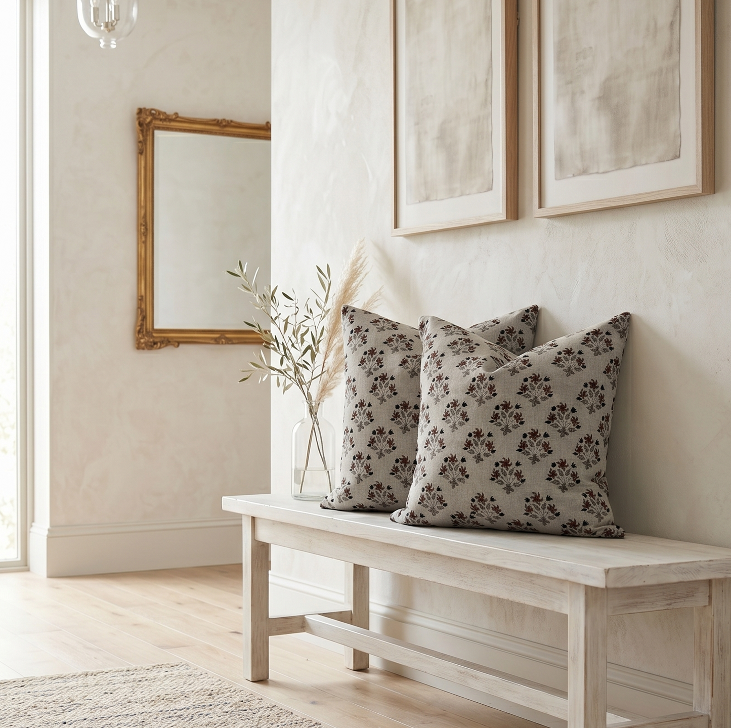 Block printed linen pillow cover - brown beige and black (Chenoa)