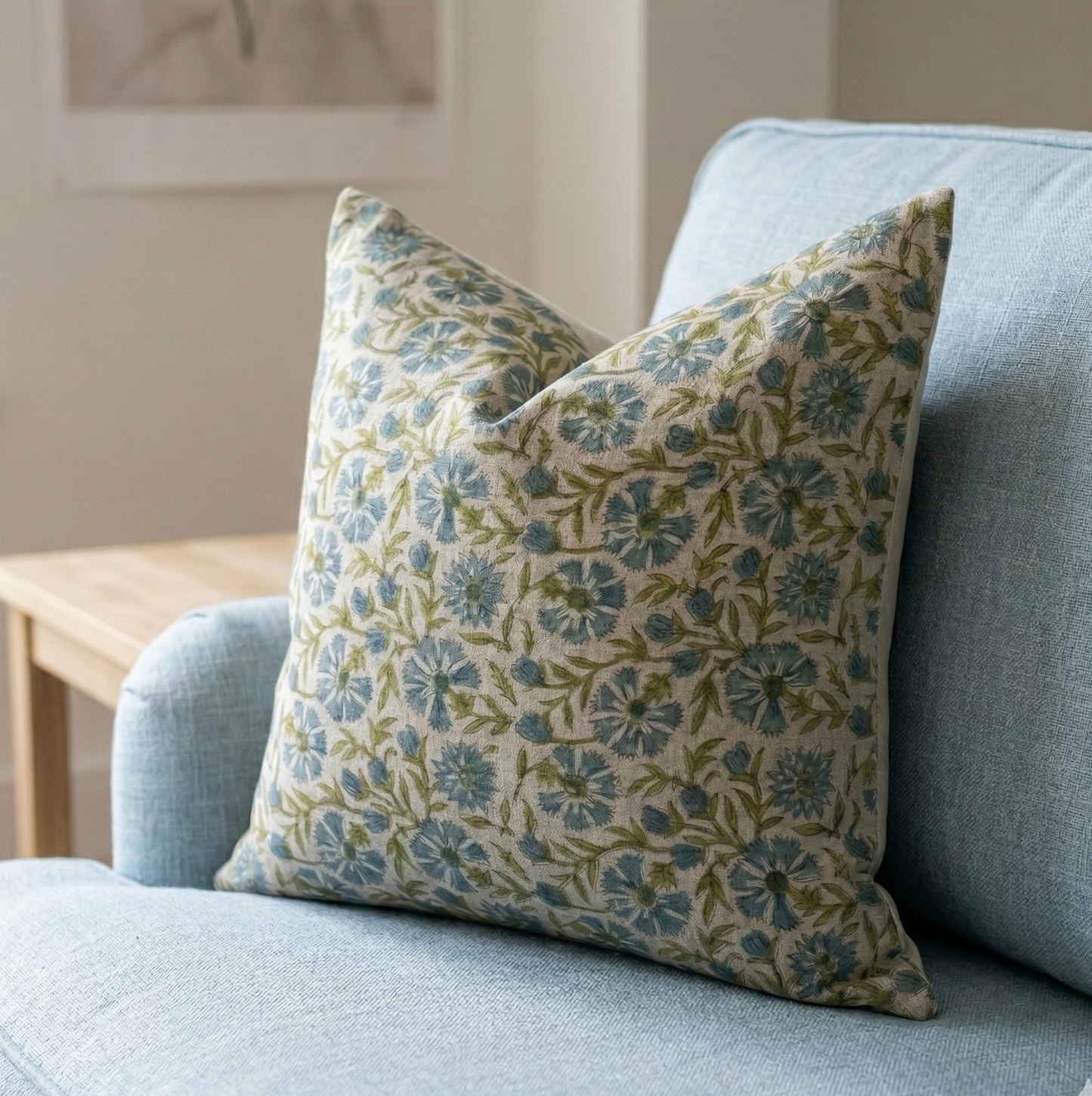 Hand block printed pillow cover - green and blue (Kaya)