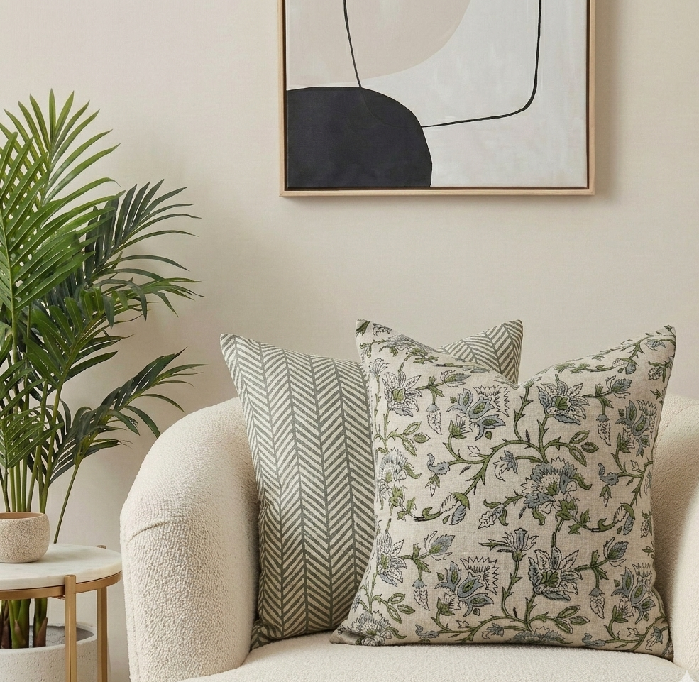 Block print pillow cover - green and blue (Claire)