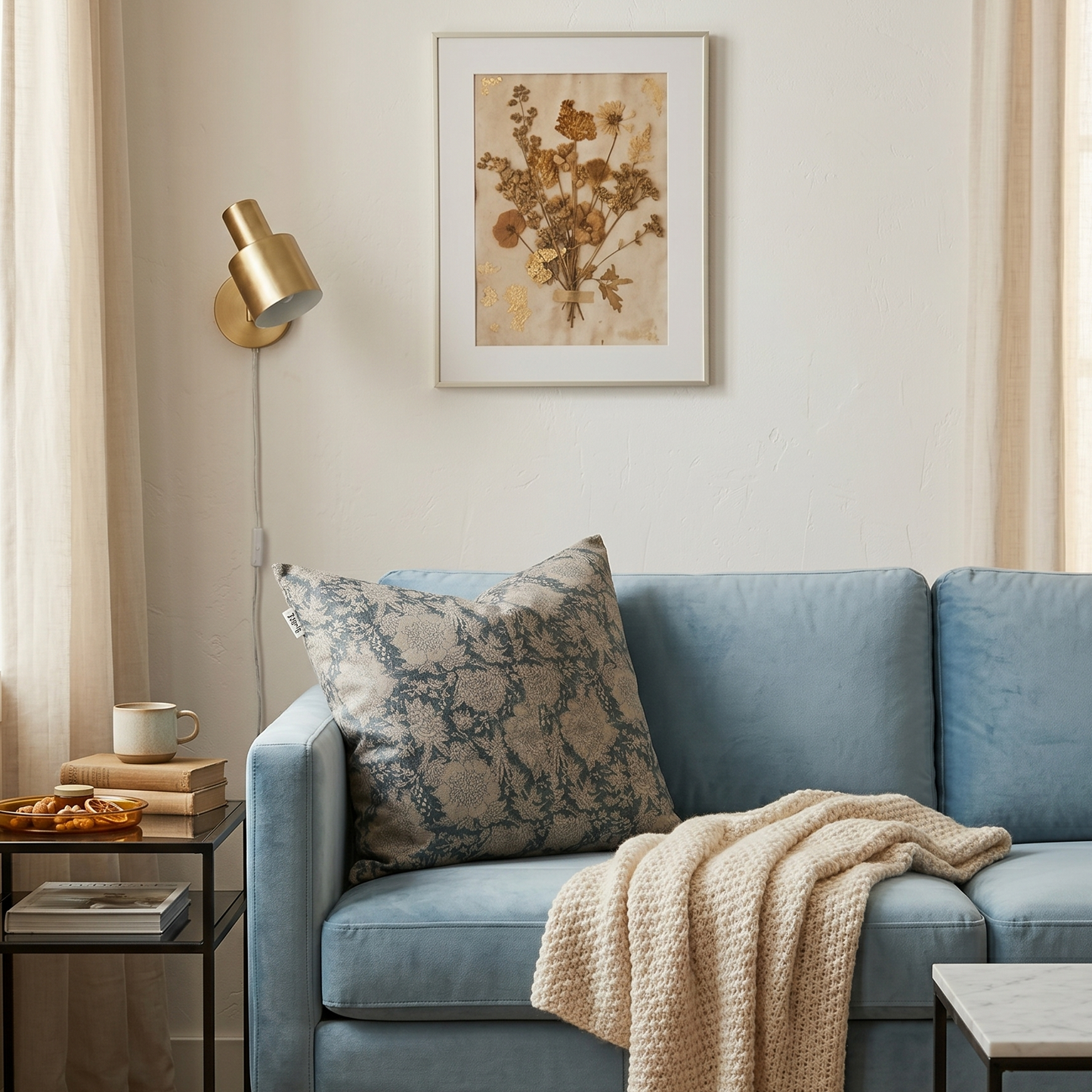 Block print floral pillow cover - blue (Adeline)