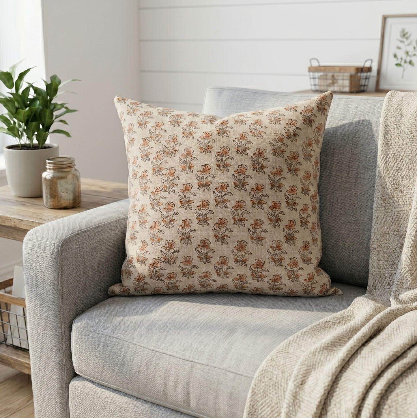 Block printed Floral pillow cover - beige, rust and pink (Opa)