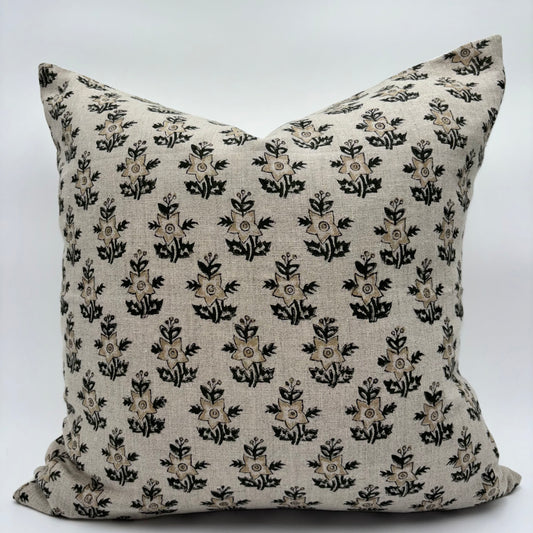 Magnolia - hand block printed linen pillow cover (beige, green)