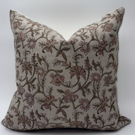 Winona - hand block printed linen pillow cover (pink)