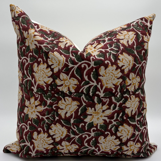Flora - hand block printed linen pillow cover (red)