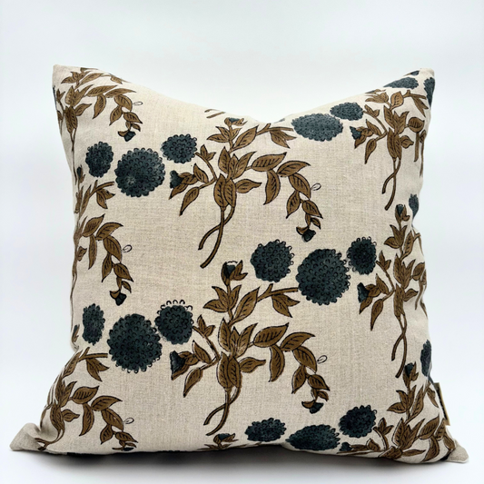 Block print floral pillow cover - blue turquoise (Casper)