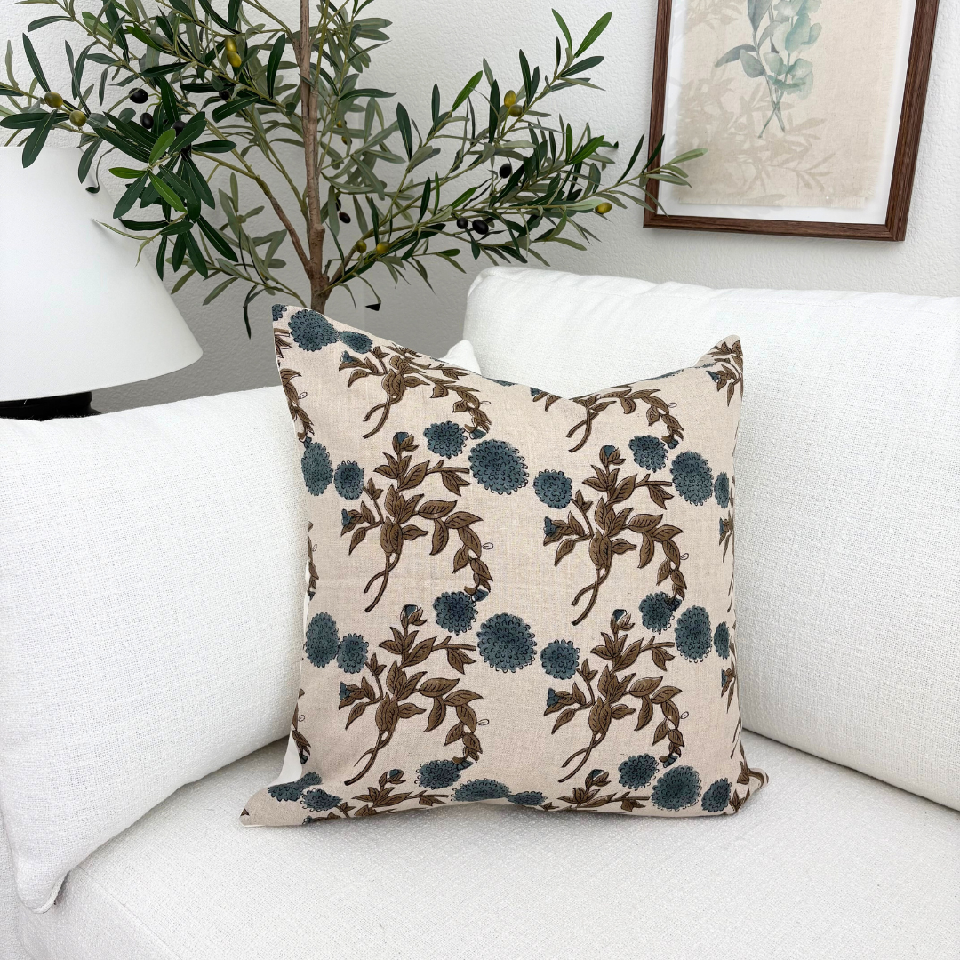 Block print floral pillow cover - blue turquoise (Casper)