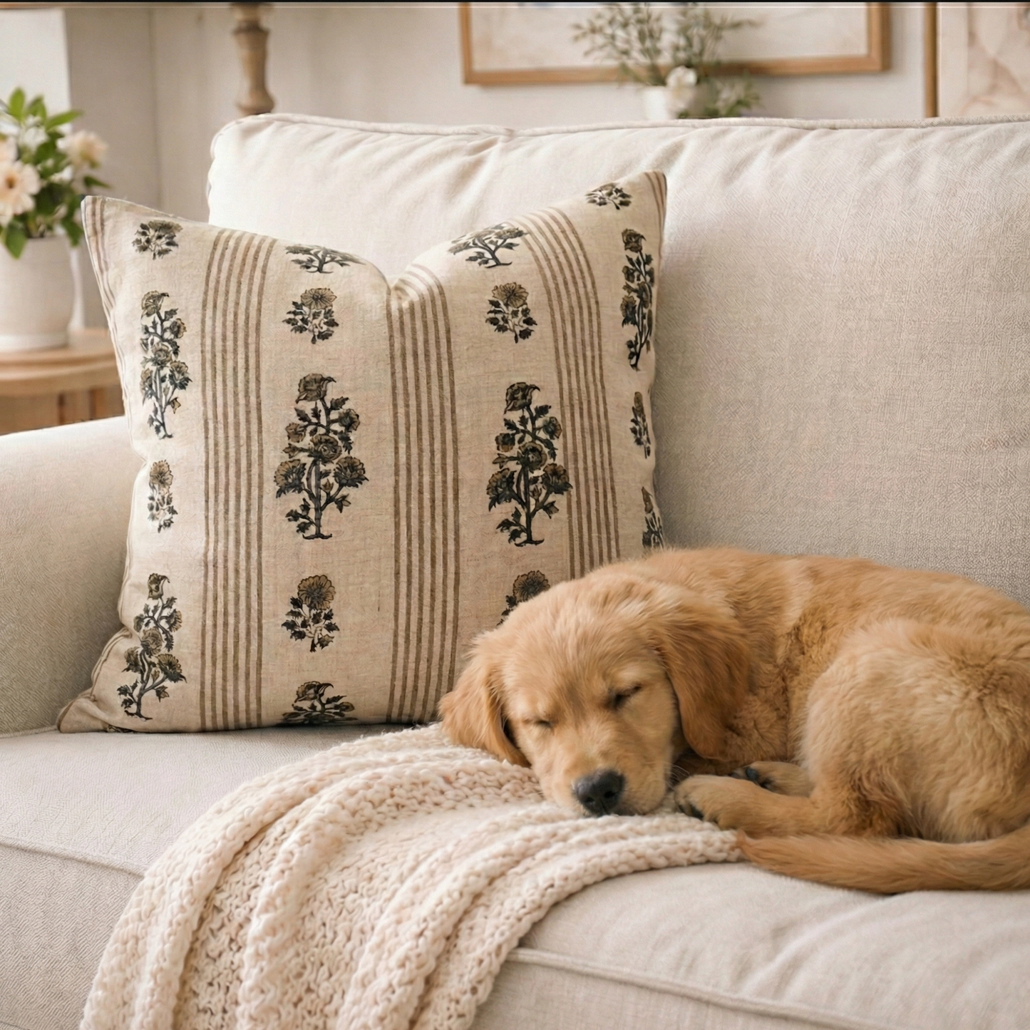 Block print floral pillow cover - brown and beige (Olivia)