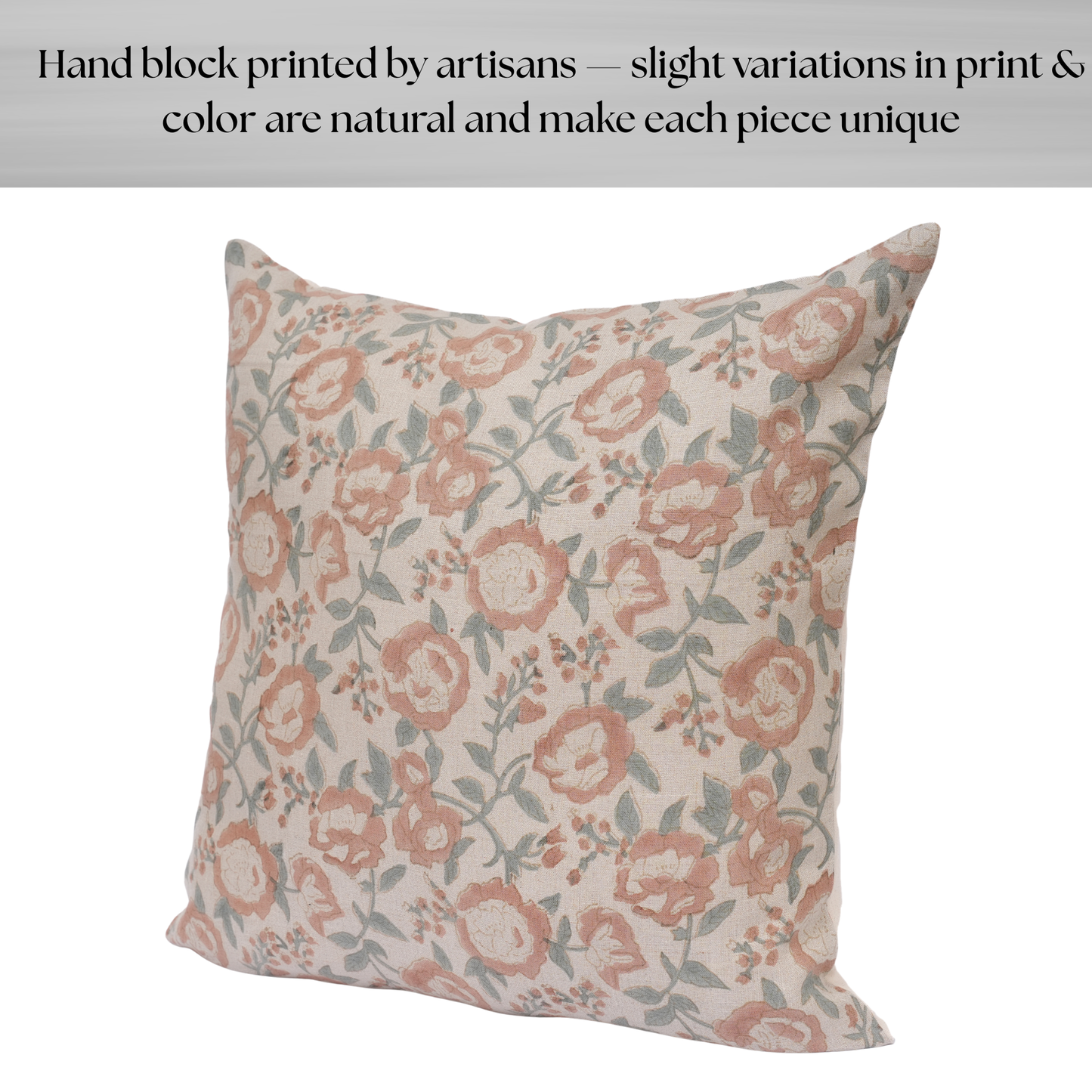 Block printed linen pillow cover - blush pink and light blue (Blush)