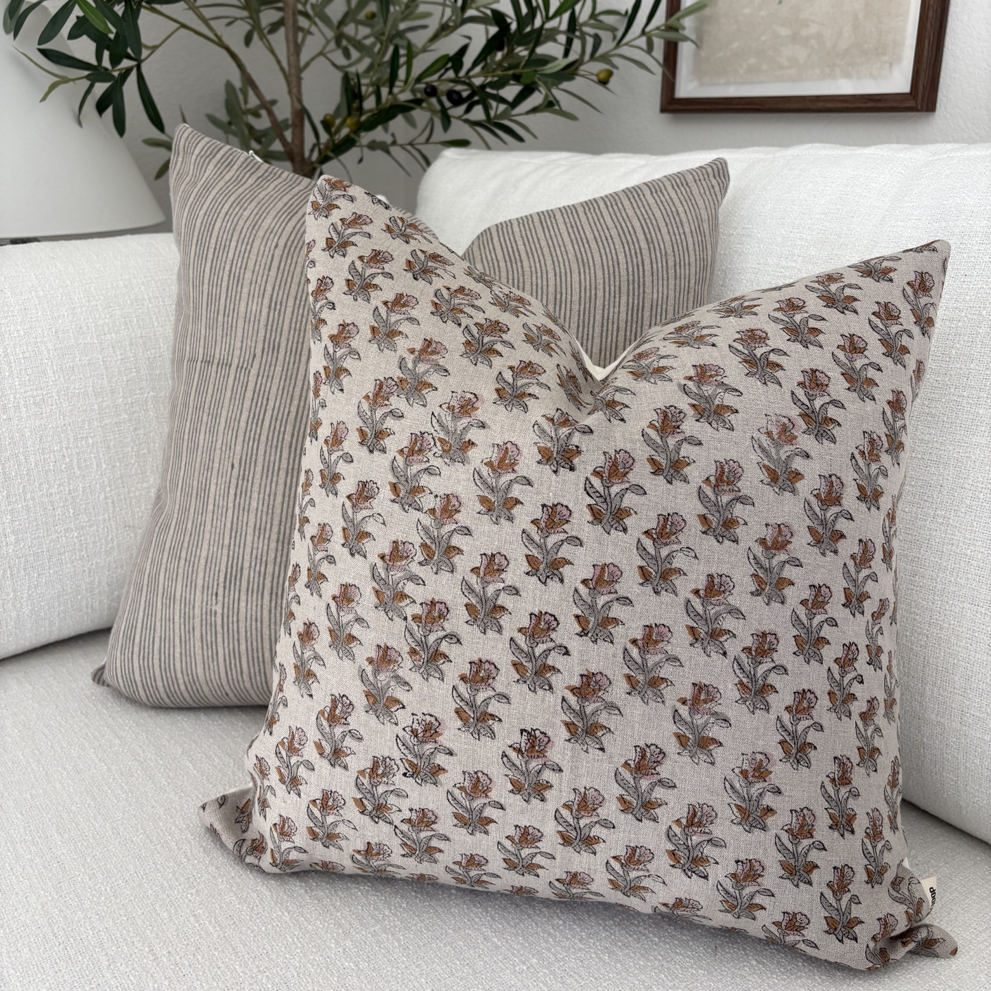 Block printed Floral pillow cover - beige, rust and pink (Opa)