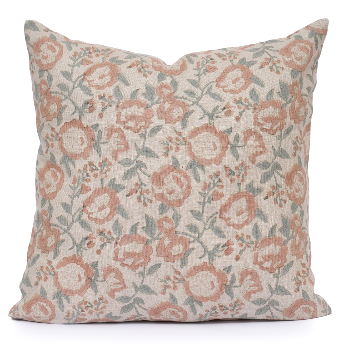 Block printed linen pillow cover - blush pink and light blue (Blush)