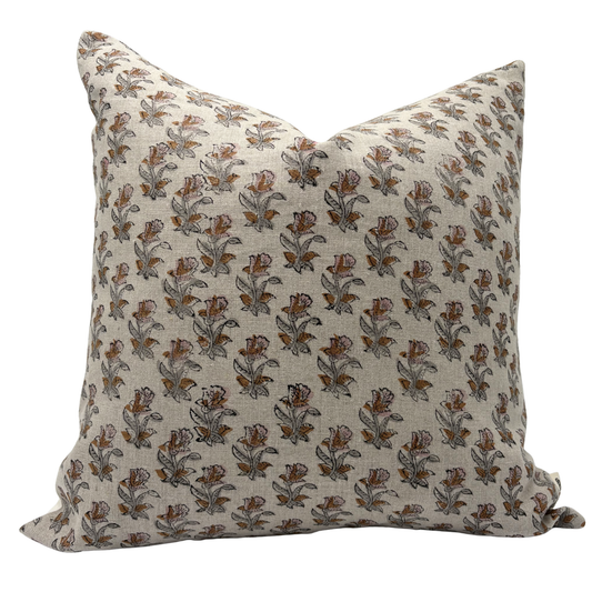 Block printed Floral pillow cover - beige, rust and pink (Opa)