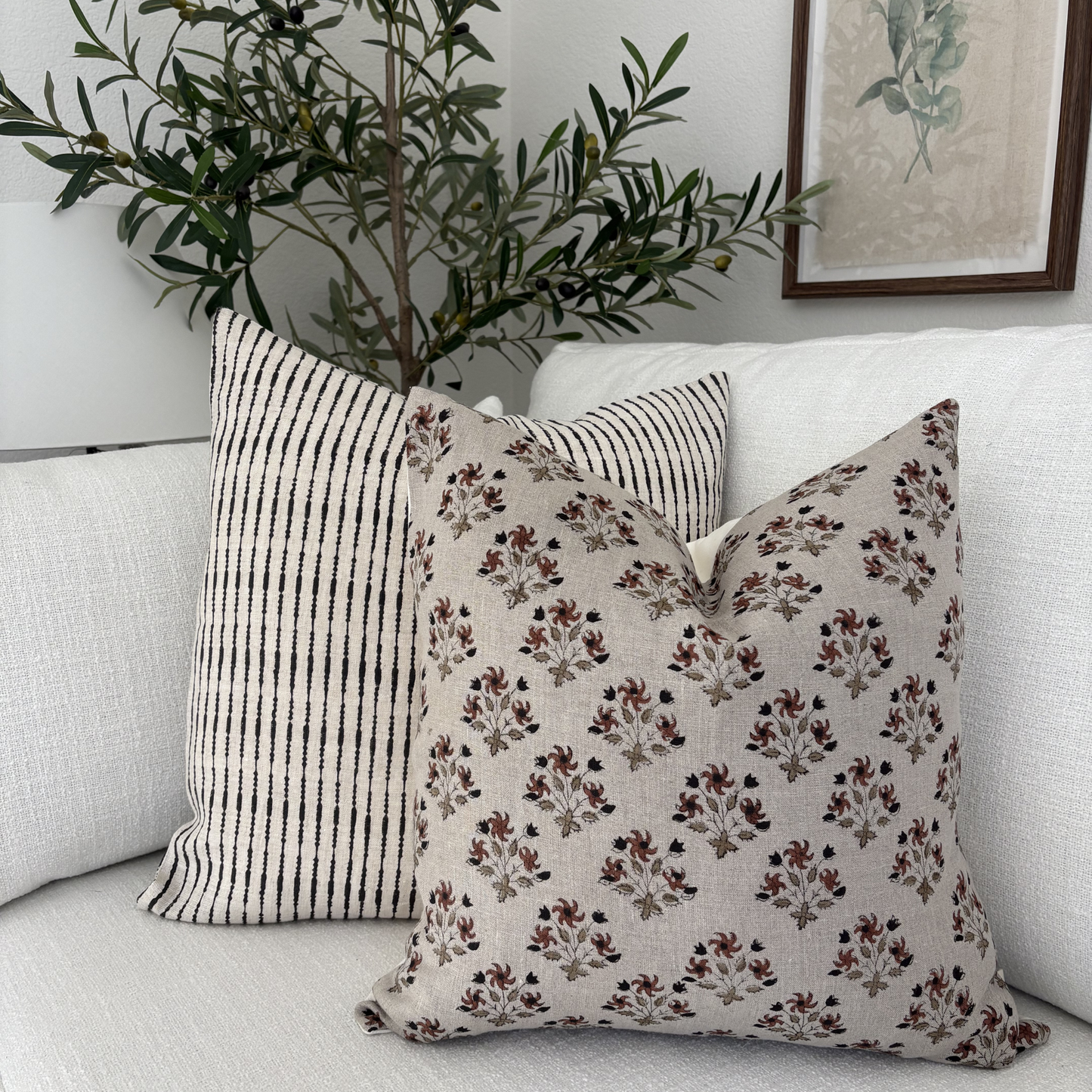 Block printed linen pillow cover - brown beige and black (Chenoa)