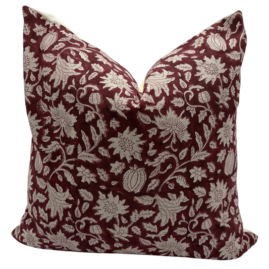 Block printed linen pillow cover - Xmas red (Cranberry)
