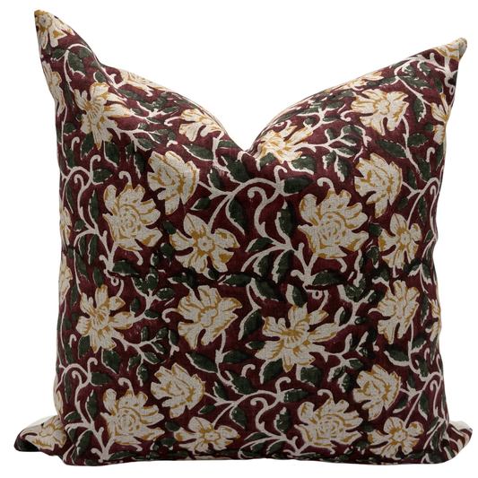 Floral linen pillow cover - Xmas red and yellow (Flora)