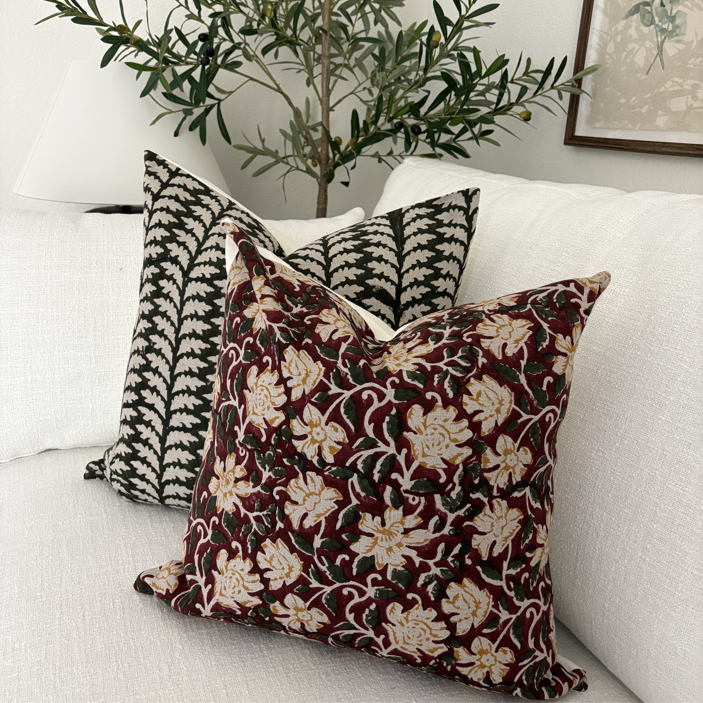 Floral linen pillow cover - Xmas red and yellow (Flora)