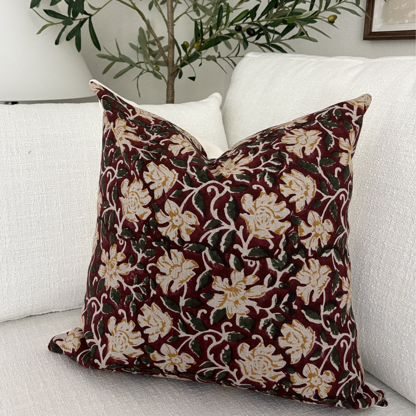 Floral linen pillow cover - Xmas red and yellow (Flora)