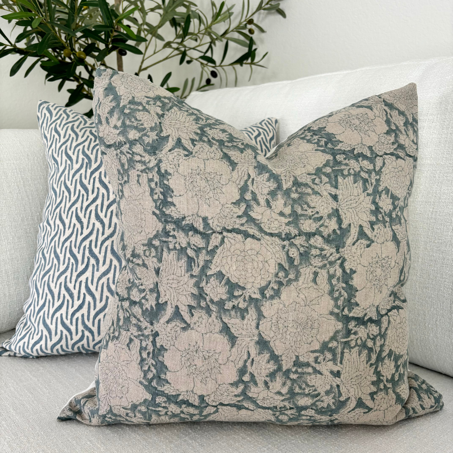 Block print floral pillow cover - blue (Adeline)