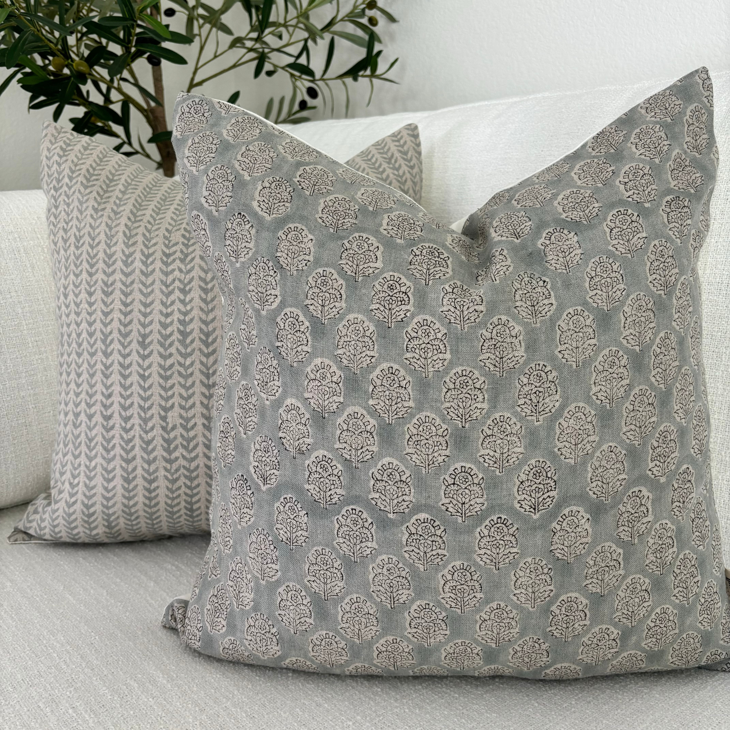 Block print floral pillow cover - gray (Margot)