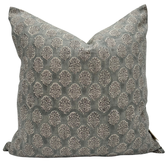 Block print floral pillow cover - gray (Margot)