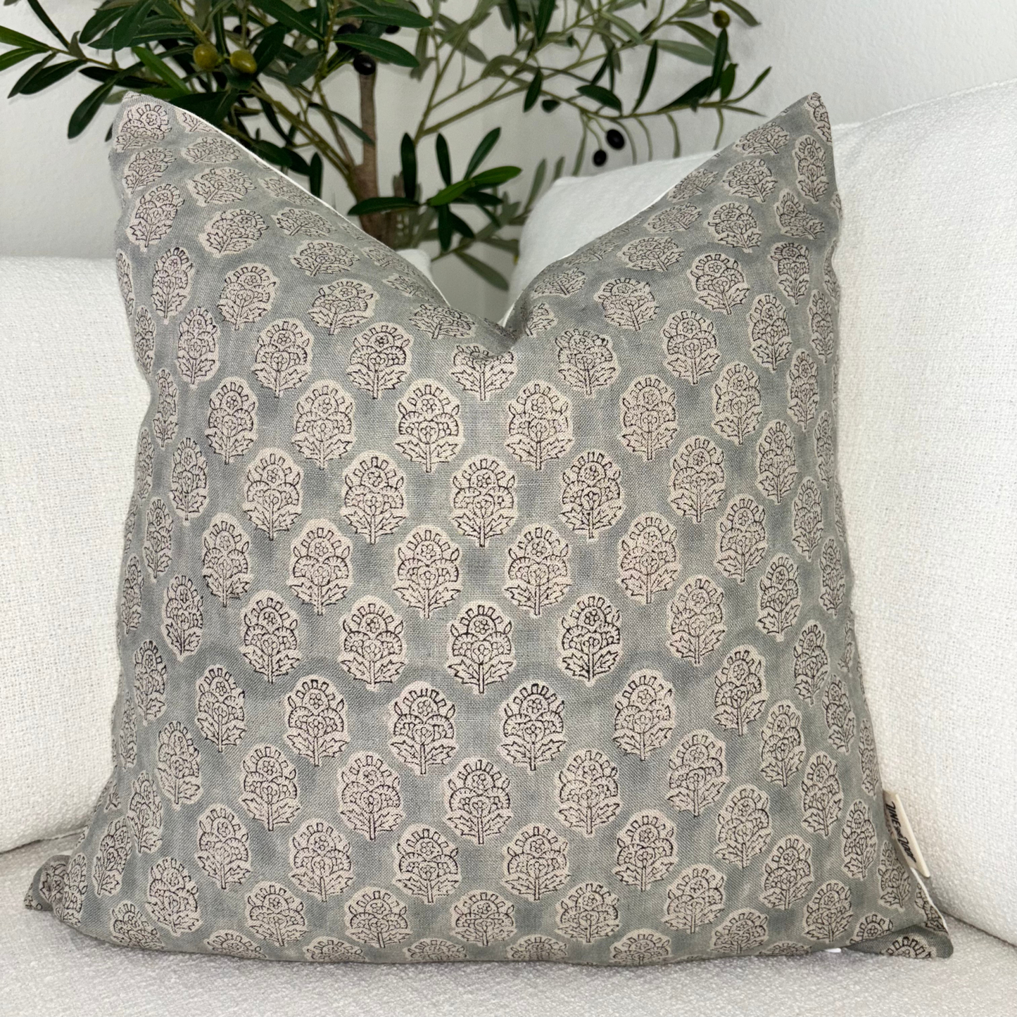 Block print floral pillow cover - gray (Margot)