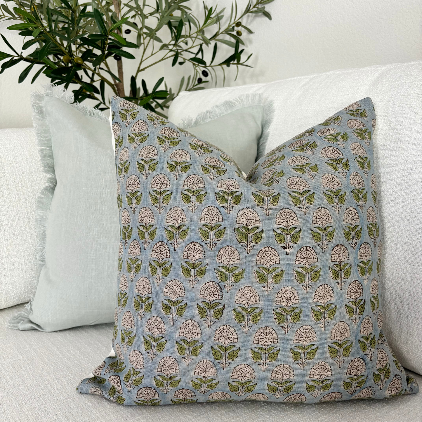 Block print pillow cover - green and blue (Claire)