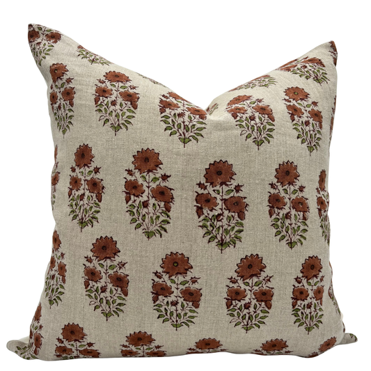 Block print floral pillow cover - brown and beige (Adele)