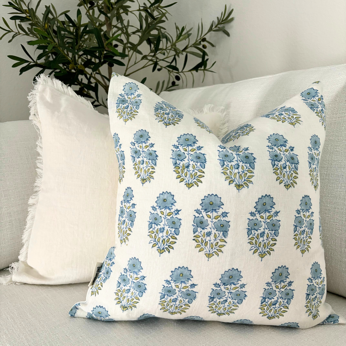 Hand block floral pillow cover - light blue (Addison)