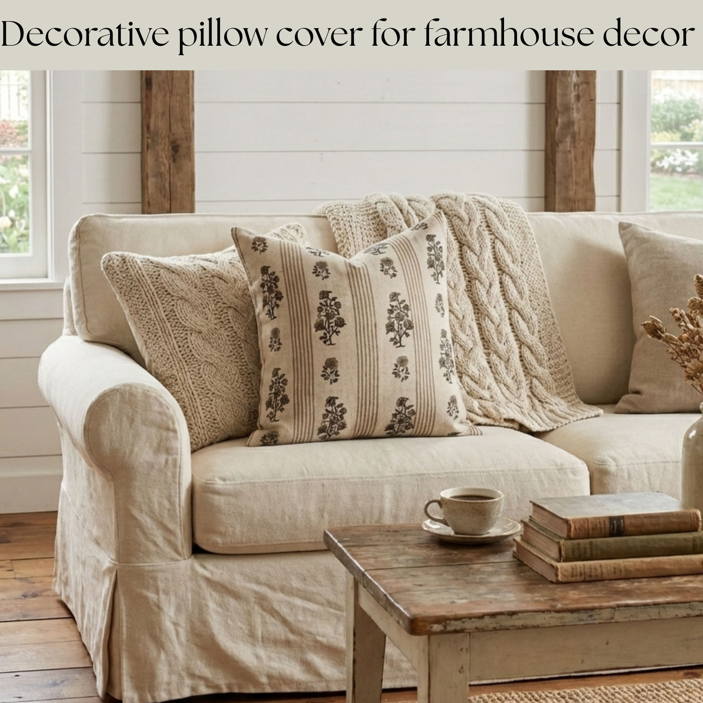 Block print floral pillow cover - brown and beige (Olivia)