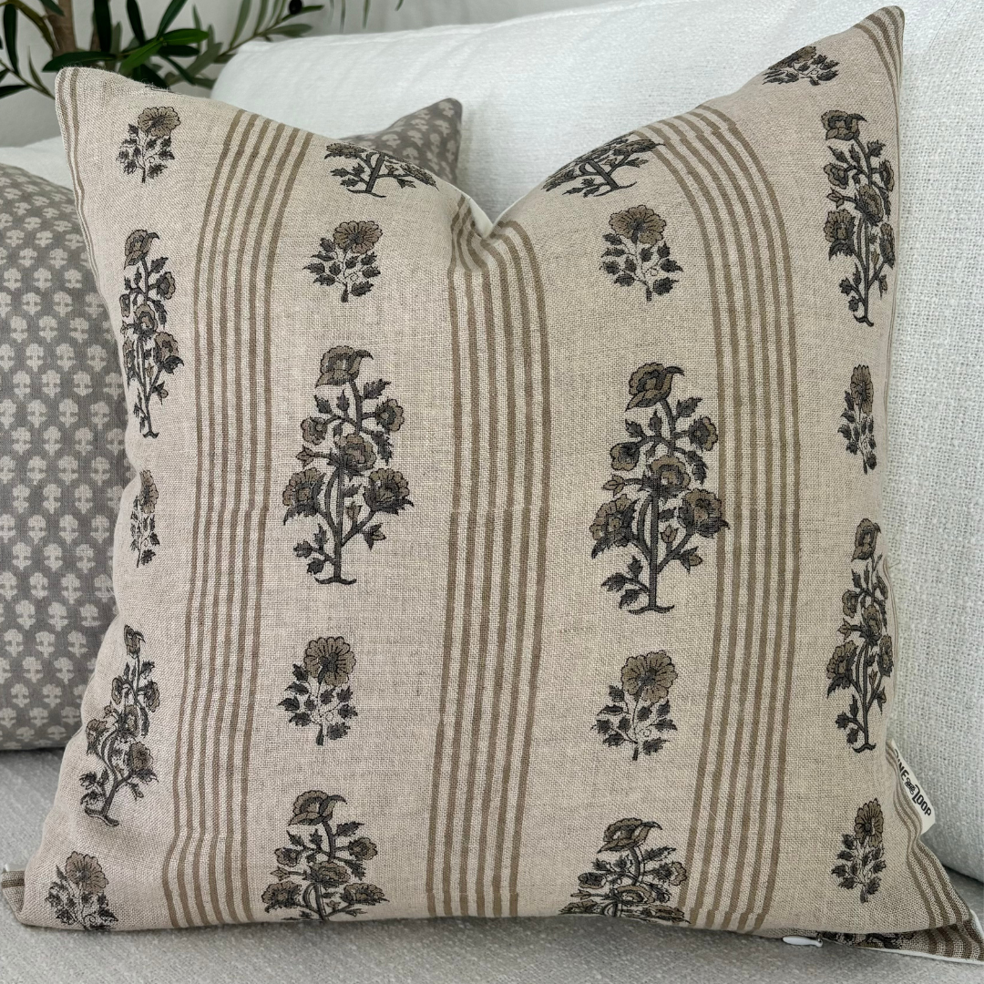 Block print floral pillow cover - brown and beige (Olivia)