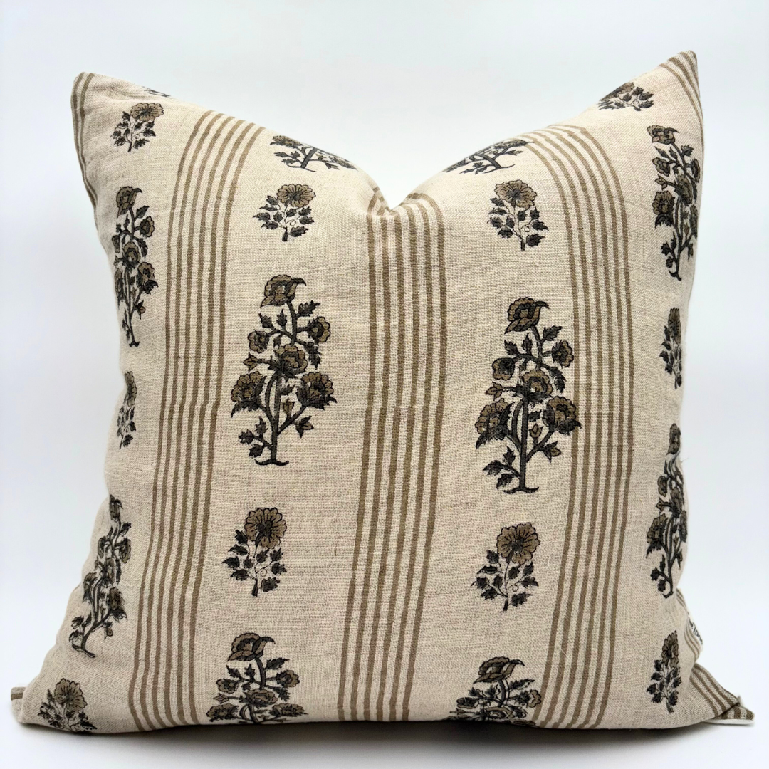 Block print floral pillow cover - brown and beige (Olivia)