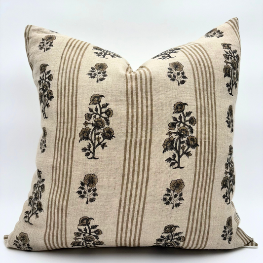 Block print floral pillow cover - brown and beige (Olivia)