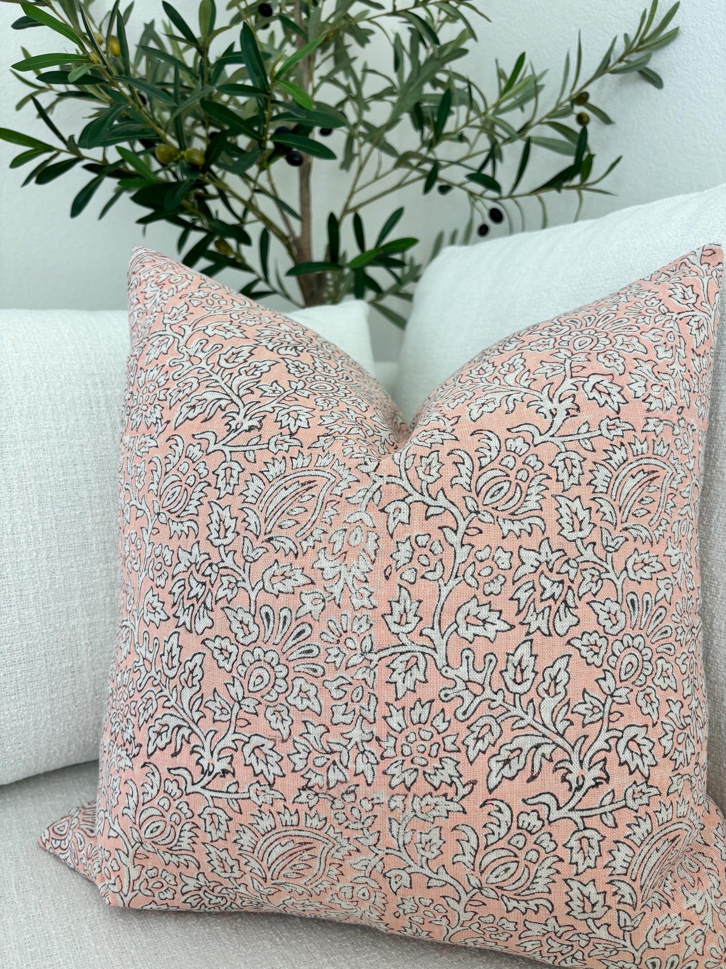 Finn - hand block printed linen pillow cover (blush pink)