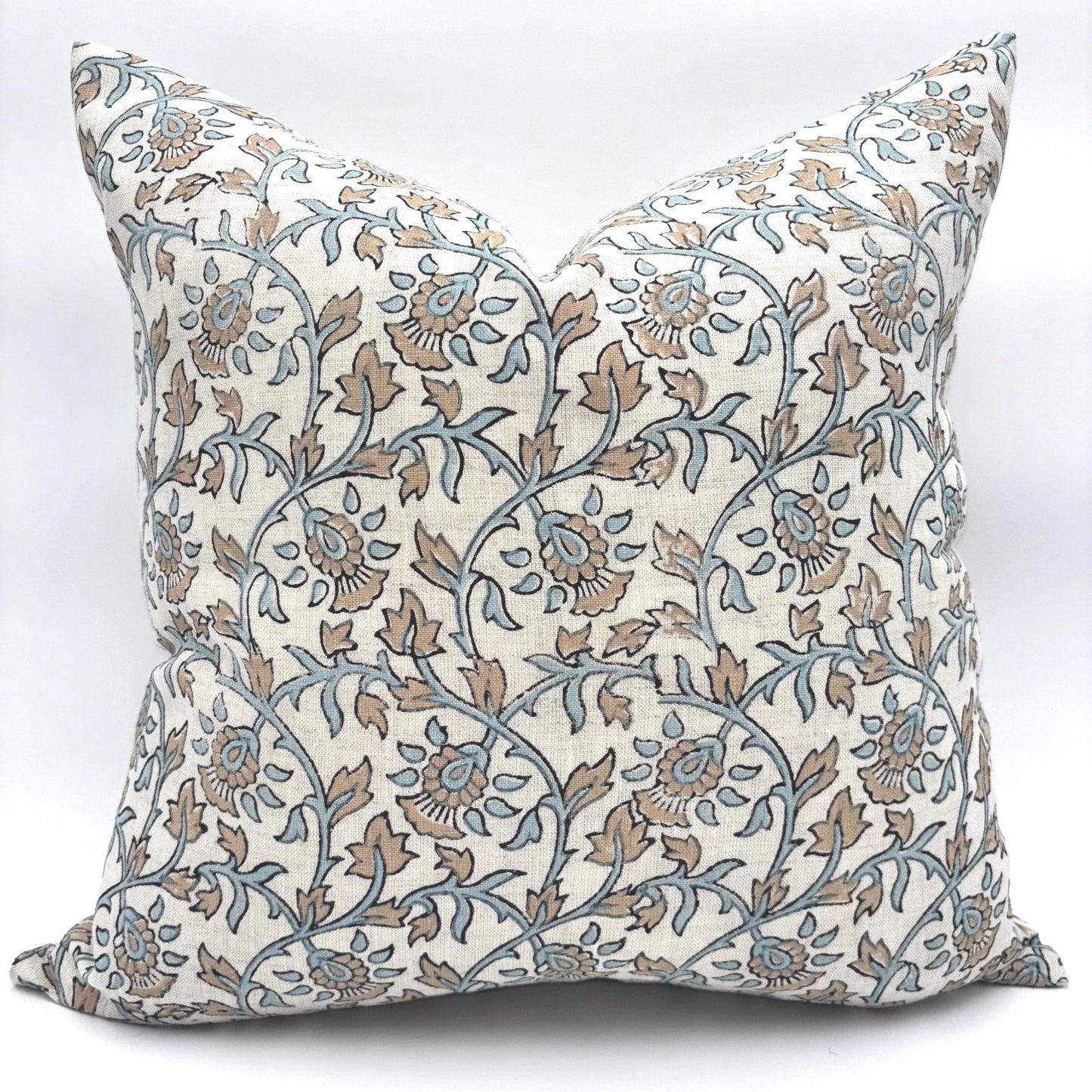 Emilia - hand block printed linen pillow cover (peach, blue)
